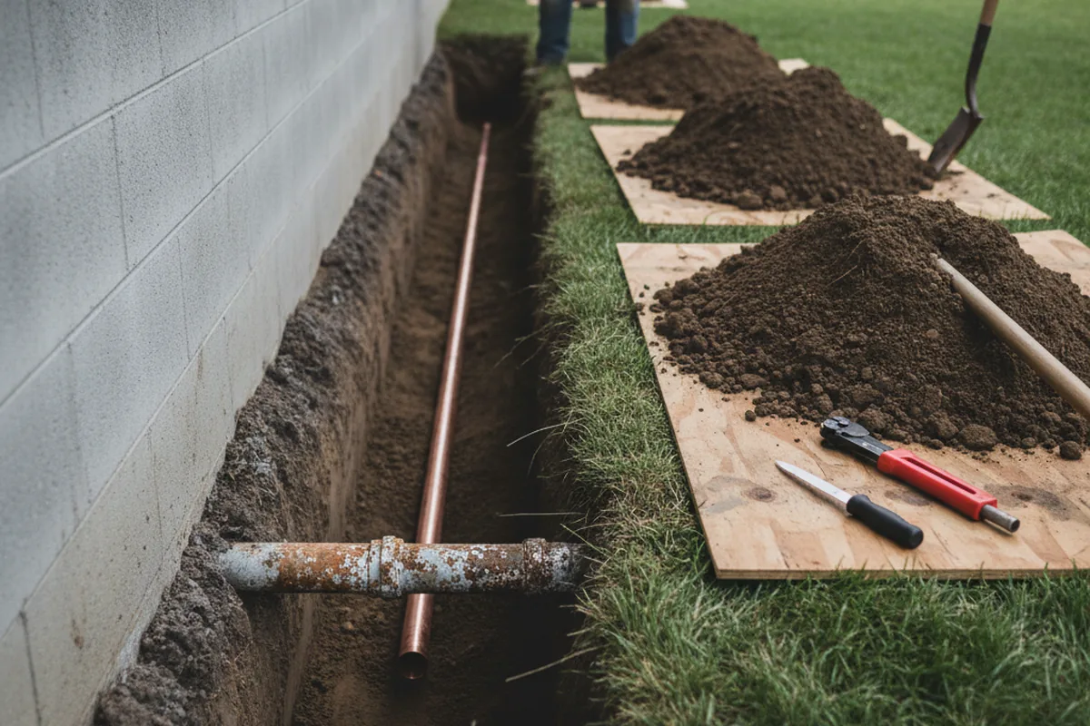 Excavated water line trench during Sewer Line Repair in East Wenatchee